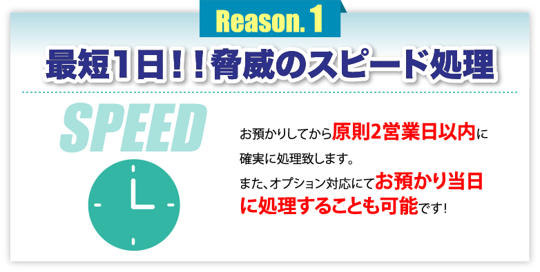 最短1日!!脅威のスピード処理 お預かりしてから原則2営業日以内に確実に処理致します。また、オプション対応にてお預かり当日に処理することも可能です!