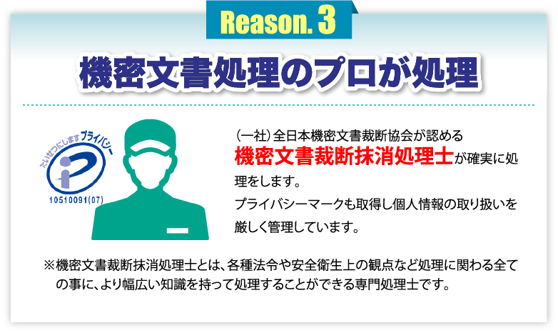 機密文書処理のプロが処理 (一社)全日本機密文書裁断協会が認める機密文書裁断抹消処理士が確実に処理をします。プライバシーマークも取得し個人情報の取り扱いを厳しく管理しています。※機密文書裁断抹消処理士とは、各種法令や安全衛生上の観点など処理に関わる全ての事に、より幅広い知識を持って処理することができる専門処理士です。