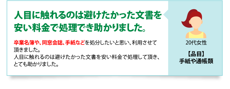 人目に触れるのは避けたかった文書を安い料金で処理でき助かりました　卒業名簿や、同窓会誌、手紙などを処分したいと思い、利用させて頂きました。人目に触れるのは避けたかった文書を安い料金で処理して頂き、とても助かりました。