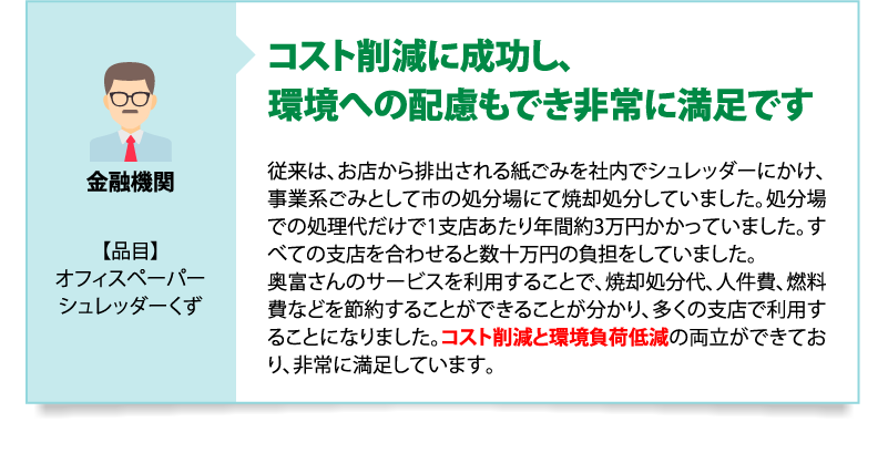機密文書の引き取りが迅速です 狭い場所で心配していましたが、書類の積み方や回収方法、使用する車両について何度もご提案頂きました。機密文書の引取りも迅速で、安心して任せることができました。